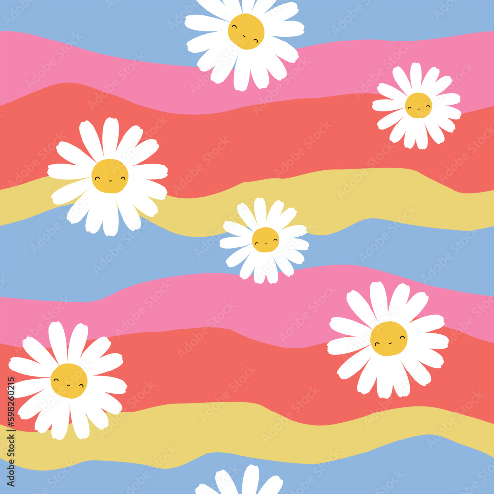 Wavy seamless pattern with happy chamomiles. Funny bright print. Vector hand drawn illustration.