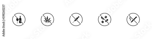 No smoking cigarettes, no alcohol, no taking drugs and pills, no marijuanna sign. Stop, forbidden, warning sign set. Vector EPS 10