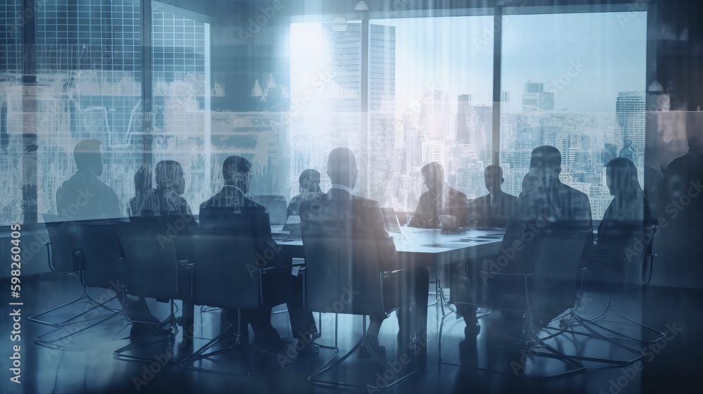 Double exposure image of many business people conference group meeting ...