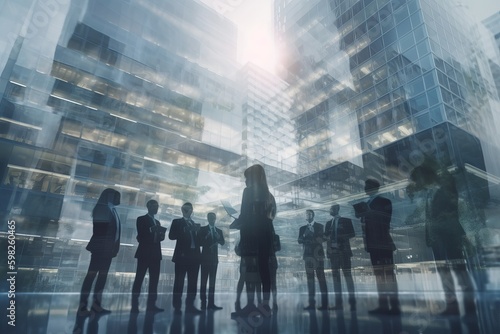 Double exposure image of many business people conference group meeting on city office building in background showing partnership success of business deal. Concept of teamwork  Generative AI