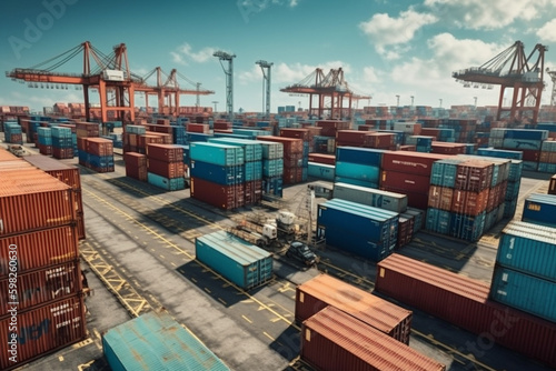 Aerial view of stacked shipping containers at a busy port with cranes and cargo ships in the background. Ai generated.