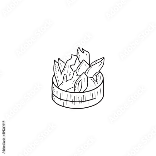 Realistic crispy pita chips in wooden plate in black isolated on white background. Hand drawn vector sketch illustration in doodle engraved vintage outline line art style. Tasty salty delicious.