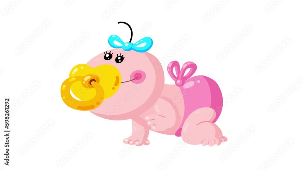 Baby girl crawling with bow nappy and sweet teat on white. Little cute kid character cartoon animation good for any project. Isolated alpha channel. Good for motion graphic explainer. Baby girl crawling with bow nappy and sweet teat on white. Little cute kid character cartoon animation good for any project. Isolated alpha channel. Good for motion graphic explainer.