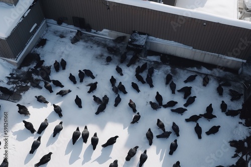 A bird's eye view of a flock of crows gathered on a snowy roofto photo