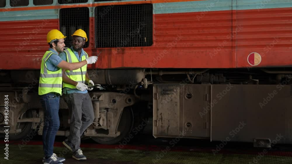 Engineer or maintenance worker repairing and inspecting train undercarriage in workshop. Engineer or maintenance worker repairing and inspecting train undercarriage in workshop.