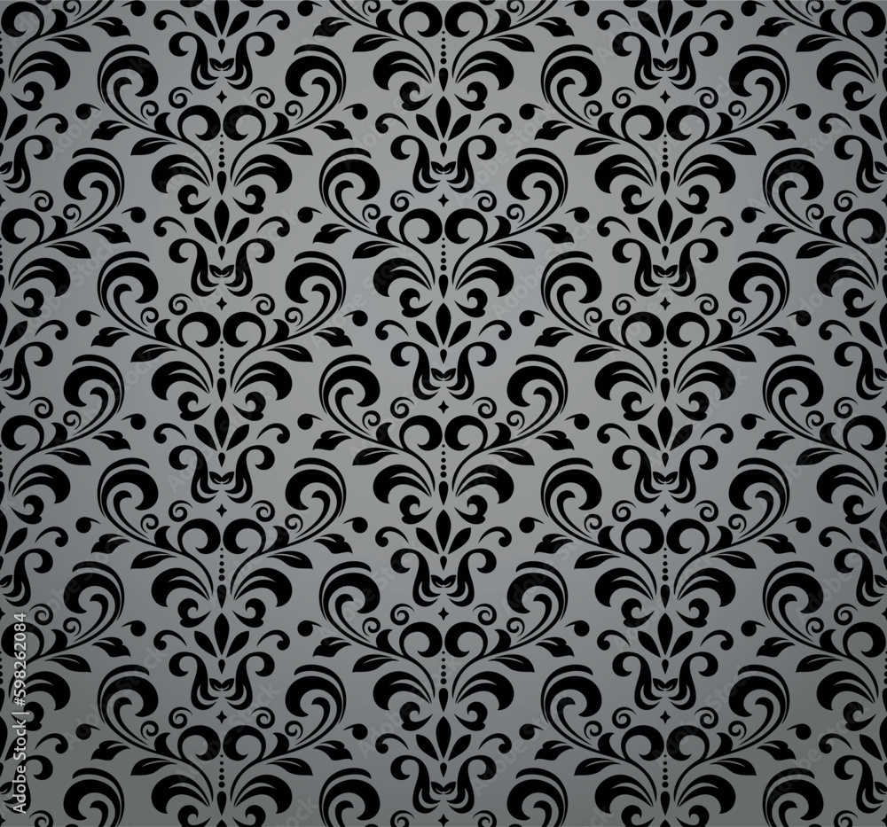 Wallpaper in the style of Baroque. Seamless vector background. Black and gray floral ornament. Graphic pattern for fabric, wallpaper, packaging. Ornate Damask flower ornament Wallpaper in the style of Baroque. Seamless vector background. Black and gray floral ornament. Graphic pattern for fabric, wallpaper, packaging. Ornate Damask flower ornament