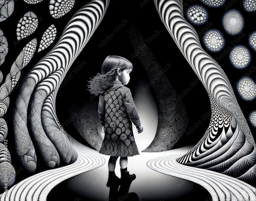 Magical black and white illustration of a little girl on fun surreal ...