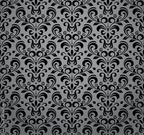 Wallpaper in the style of Baroque. Seamless vector background. Black and gray floral ornament. Graphic pattern for fabric, wallpaper, packaging. Ornate Damask flower ornament