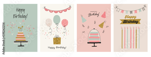 Happy Birthday greeting card and invitation templates. Vector illustration in hand-drawn simple style