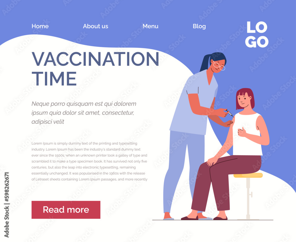 Woman came to vaccination. Nurse gives injection in shoulder to patient. Website, template, landing page. Vector illustration. Flat cartoon characters.