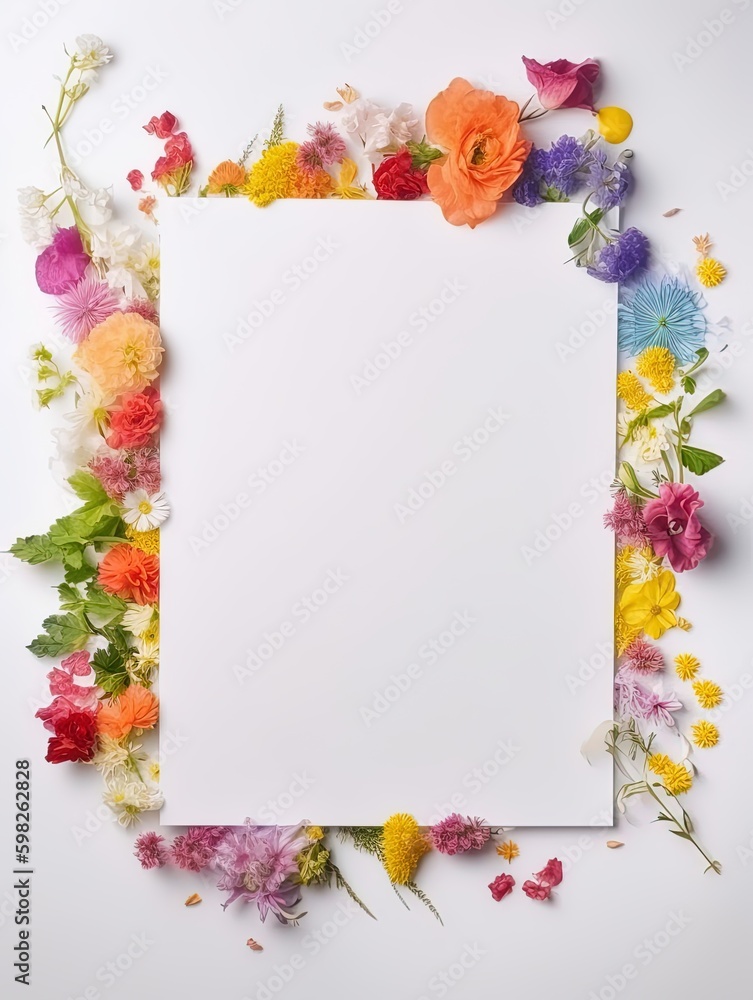 Vertical top view blank card with flowers Abstract organic flowers Blooming floral on white background for invitation card Vertical top view blank card with flowers Abstract organic flowers Blooming floral on white background for invitation card
