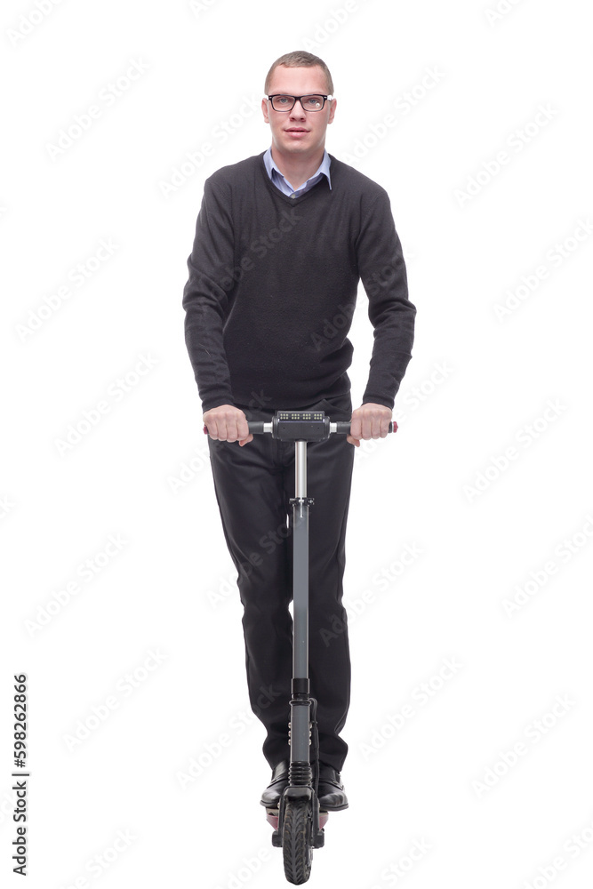 Full length portrait of a cheerful cool man with a scooter gesturing ok with his hand Full length portrait of a cheerful cool man with a scooter gesturing ok with his hand