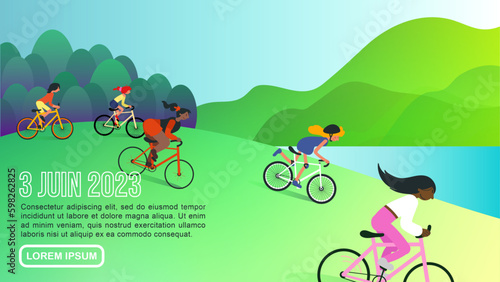 Journée mondiale du vélo 3 juin 2023, illustration vectorielle, groupe de cyclistes dans la nature