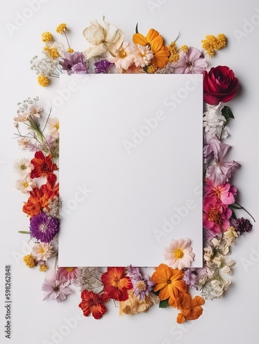 Vertical top view blank card with flowers Abstract organic flowers Blooming floral on white background for invitation card