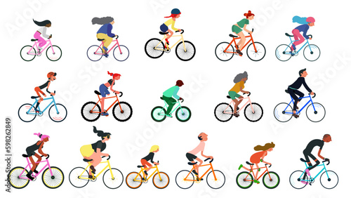 Des cyclistes avec des genres, âges, origines, corpulence différents, mixité et inclusion sociale - Illustration vectorielle