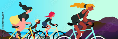 Des cyclistes roulant en pleine nature, décor tropical, illustration vectorielle 