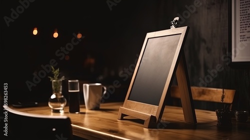 Menu mack up blank for text marketing promotion. Mock up Menu frame standing on wood table in restaurant space for text.