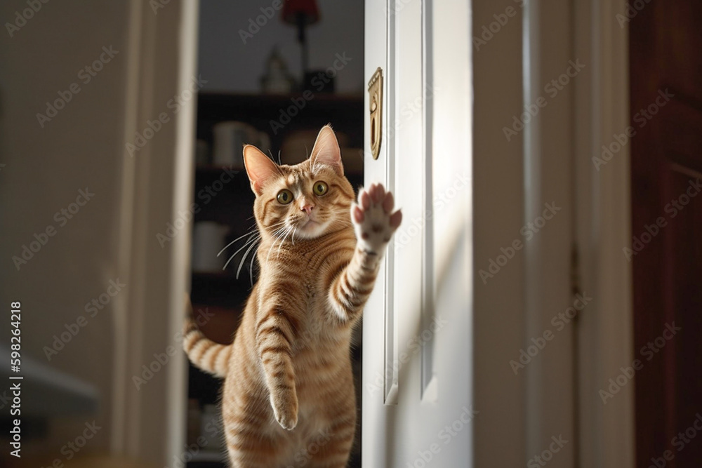 Excited and happy cat at home door entrance greeting the arrival of her