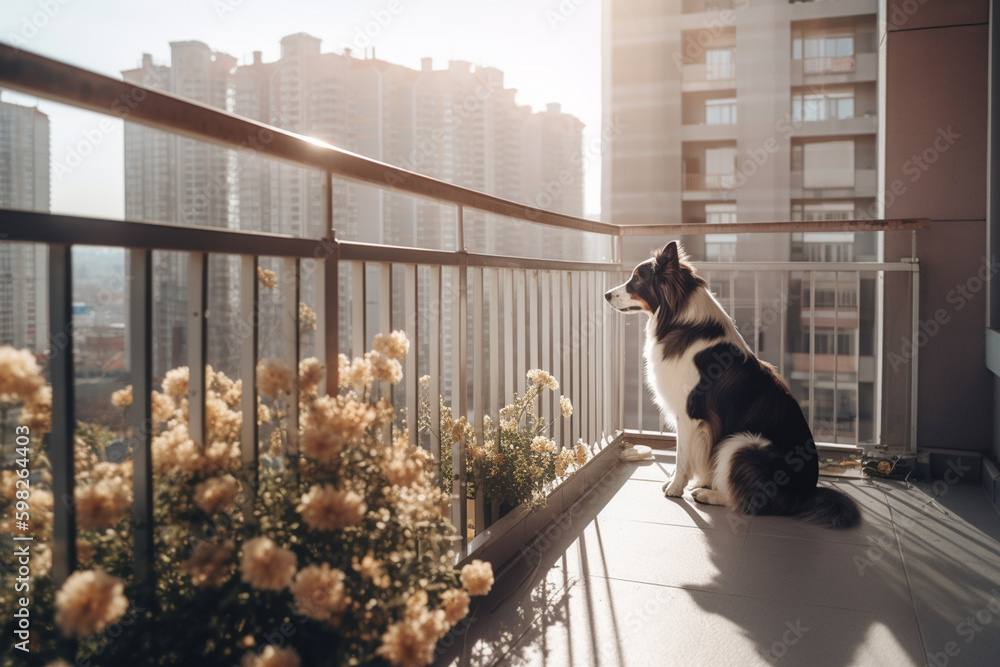 Bored pet dog looking out from balcony of high rise home apartment with morning sun rays, Created with Generative AI technology. - obrazy, fototapety, plakaty 