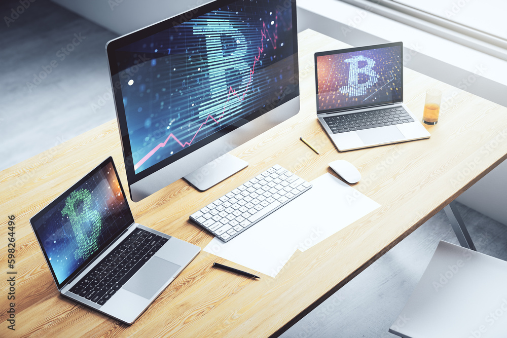 Creative Bitcoin concept on modern computer monitor. 3D Rendering Creative Bitcoin concept on modern computer monitor. 3D Rendering