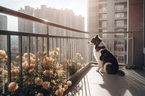 Bored pet dog looking out from balcony of high rise home apartment with morning sun rays, Created with Generative AI technology.