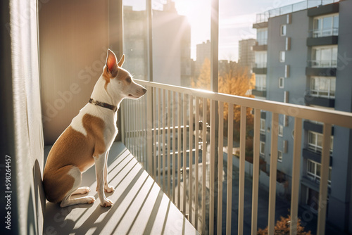 Bored pet dog looking out from balcony of high rise home apartment with morning sun rays, Created with Generative AI technology.