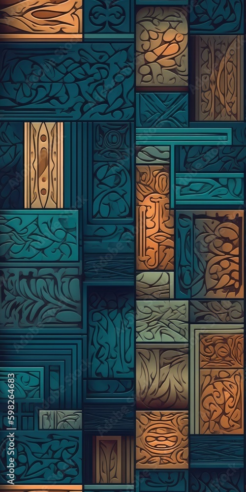 Tile background made of wooden blocks and woodcarvings - perfect seamless pattern using generative AI