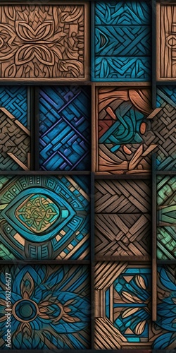 Tile background made of wooden blocks and woodcarvings - perfect seamless pattern using generative AI