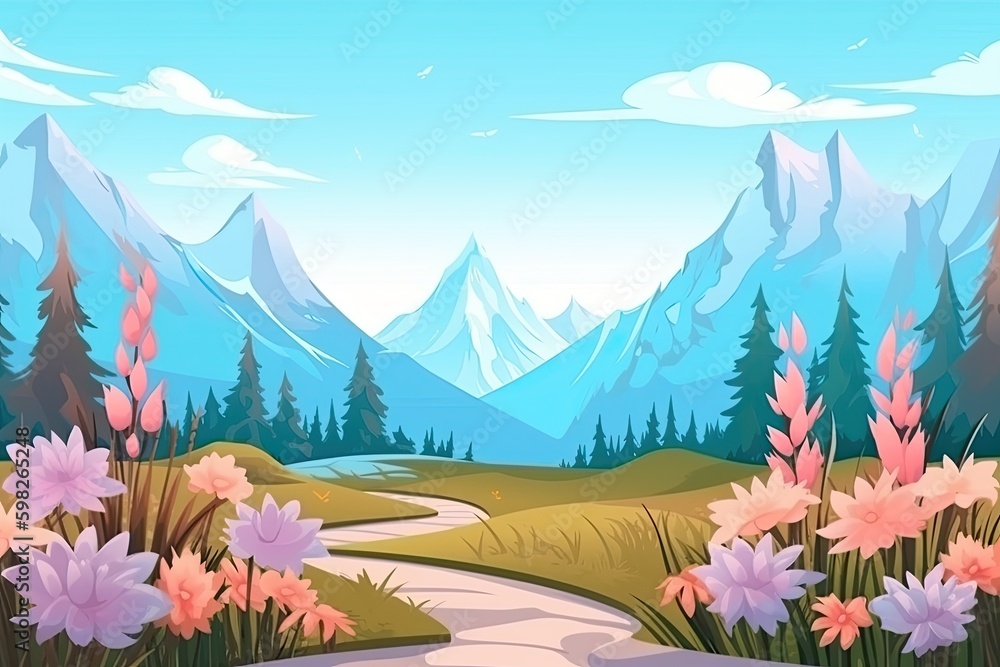 colorful mountain landscape with blooming flowers. Generative AI Generative AI colorful mountain landscape with blooming flowers. Generative AI Generative AI