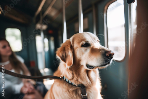 Obedient golden retriever pet dog riding in public transport train coach together with owner. Created with Generative AI technology.