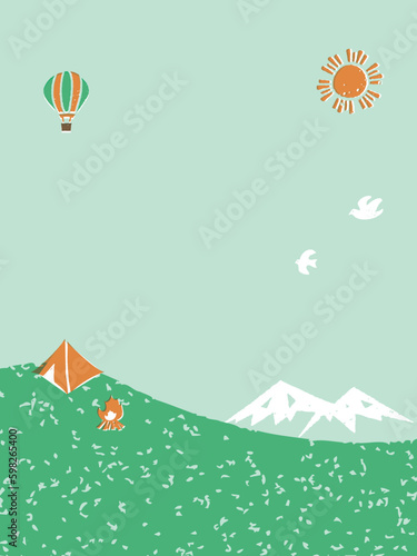 さわやかな晴天と山のキャンプイラスト。ベクター背景素材