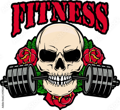A black and white vector illustration of a skull with a barbell in its teeth, perfect for fitness and gym-related designs