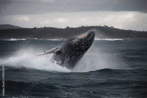 A humpback whale jumping over the sea. Ai generative