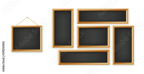 Signboards in a wooden frame hanging . Restaurant menu board. School vector chalkboard, writing surface for text or drawing. Blank advertising or presentation boards. Vector.