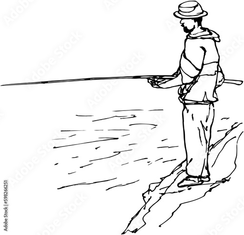 A bearded fisherman in a hat stands on the shore with a fishing rod and catches fish