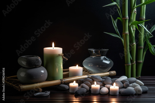 Spa still life with lit candles. stones, bamboo tray, group of bamboo stems and black background