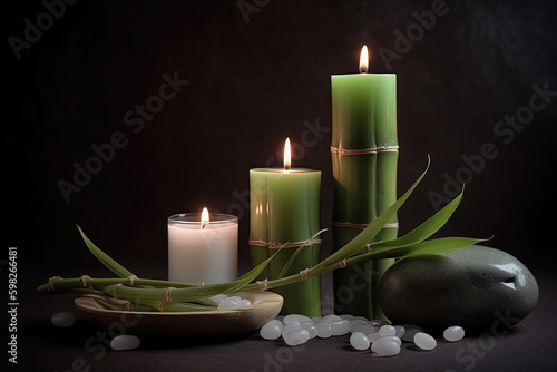 Spa still life with burning bamboo candles, stones and blur background
