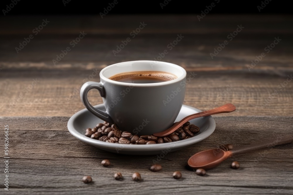 hot cup of coffee with a saucer and spoon on a wooden table. Generative AI Generative AI hot cup of coffee with a saucer and spoon on a wooden table. Generative AI Generative AI