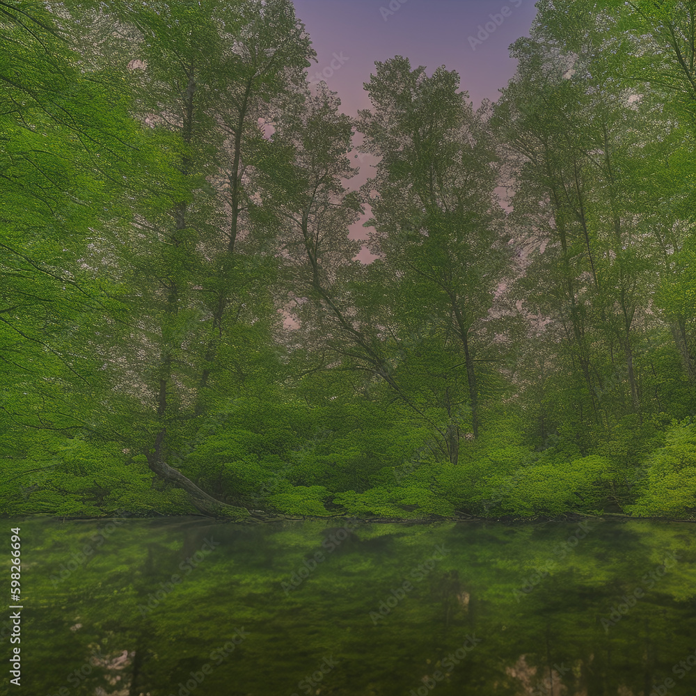 Fototapeta premium Drawing of a beautiful lake in the forest created with Generative AI