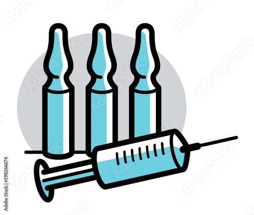 Vaccination theme vector illustration of a syringe with ampules isolated over white, epidemic or pandemic coronavirus covid 19 or flu or SARS or any other vaccine, pharmacology concept.