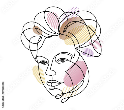 Beautiful face of attractive woman vector linear drawing, sensitive emotional line art adult girl portrait, feminine abstract face line art.
