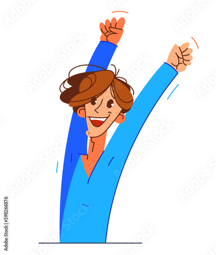 Happy boy excited with winner gesture vector illustration, young man saying yes to success and goal cartoon drawing, champion win.