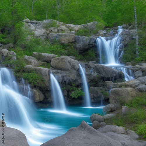 Painting of waterfalls in the forest created with Generative AI