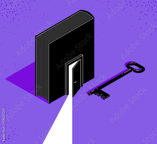 Book with half open door and turnkey vector 3d isometric illustration, knowledge is the key to success metaphor, education and self-education, secret literature.