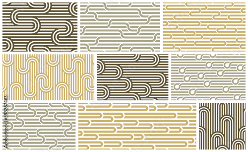 Seamless lines patterns set, stripy geometric vector abstract backgrounds collection, linear stripy net, optical maze, web network.