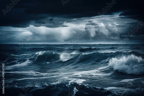 turbulent ocean with dark storm clouds overhead and crashing waves. Generative AI Generative AI © AkuAku