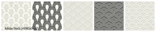 Vector seamless patterns set. Stylish linear ornaments. Geometric striped backgrounds with arches. Art deco thin monochrome swatches. Tileable prints with linear scales. Generative AI