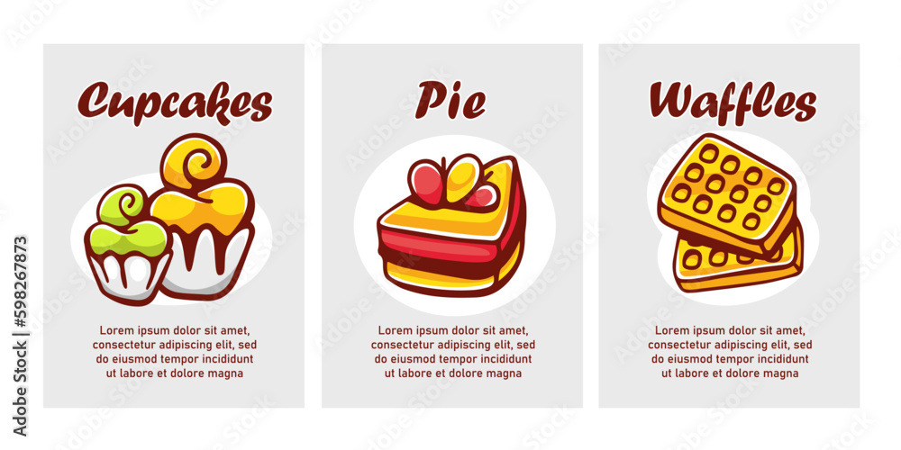 Vector cards of desserts in cartoon style: cupcakes, pie, waffles.