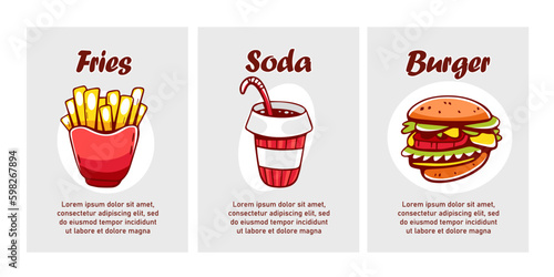 Vector fast food food cards in cartoon style: french fries, soda, burger.