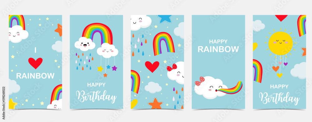 rainbow background with cloud,rain illustration for sticker,postcard,birthday invitation.Editable element rainbow background with cloud,rain illustration for sticker,postcard,birthday invitation.Editable element